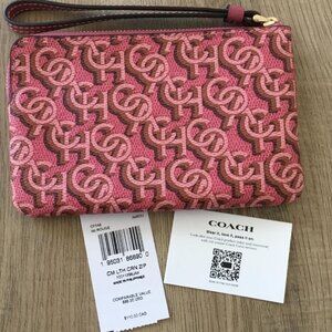 Coach Pebbled Leather Monogram Corner Zip Pink Designer Wristlet 6.5” x 4” NWT